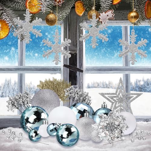 Sratte 94 Pcs Christmas Tree Ornaments Decoration Set, Blue, White, Silver