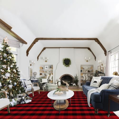 Christmas Red and Black Plaid Rug 8x10 ft, Extra Large Cotton Hand-Woven Buffalo Check Area Rug for Living Room, Bedroom, Patio, Christmas Holiday Farmhouse Decor, Washable Outdoor Indoor Carpet