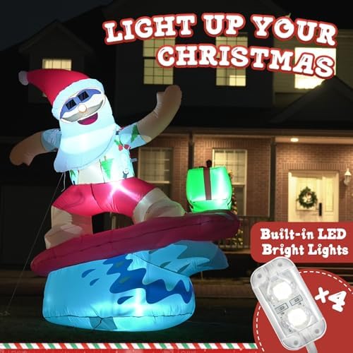 6FT Surfing Santa Inflatable with Lights for Yard Christmas