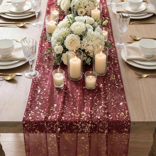 Artoid Mode 6PC Burgundy Gold Gauze Table Runner 120 Inch 10FT, Glitter Metallic Foil Sheer Dining Wedding Anniversary Holiday Birthday Table Decor for Home Party
