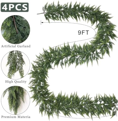 4Pcs 9FT Artificial Christmas Cedar Garland Faux Plant for Mantle Decor