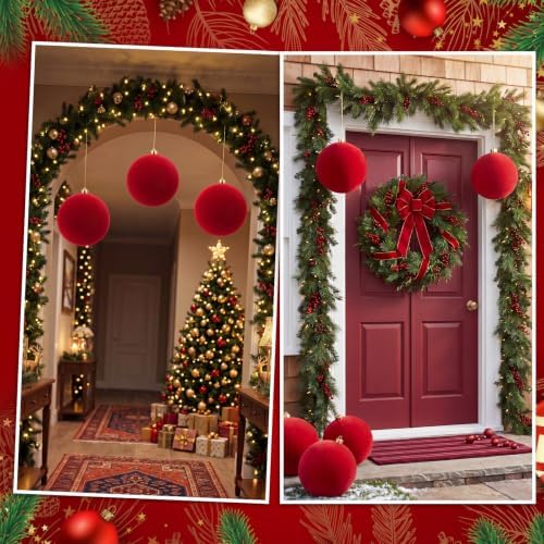 Threan 8 Inch Large Red Velvet Christmas Ball Ornaments for Christmas Tree