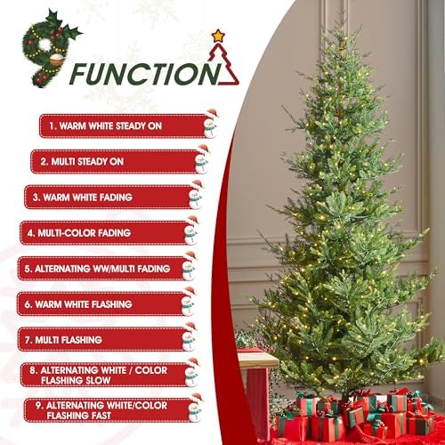 Glitzhome Artificial Christmas Tree, 9ft Prelit Hinged Slim Fir Vibrant Ascend Evergreen Xmas Tree with 700 Warm White and Multi-Color LED Lights, 9 Function w/Foot Pedal and Remote Control