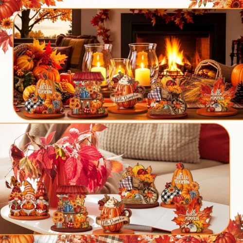 Leinuosen 12 Pcs Fall Table Decoration for Home, Wooden Pumpkin Turkey Sign
