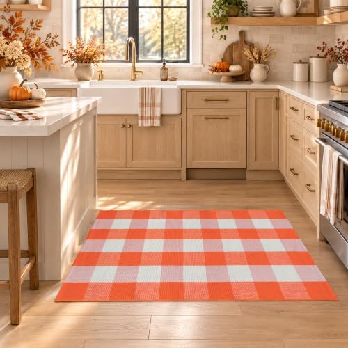 Orange and White Plaid Rug, 28'' x 43'' Fall Front Door Decor Mat, Cotton Washable Hand-Woven Door mat for Layered Doormat, Autumn Halloween Thanksgiving Carpet for Porch, Entryway