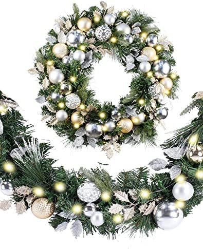 WANNA-CUL Pre-Lit 9ft Christmas Garland with Lights 50LED Pale Gold Baubles