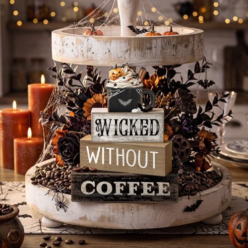 Lineshading 4 Pcs Halloween Coffee Table Decor, Gothic Black Wood Sign Home