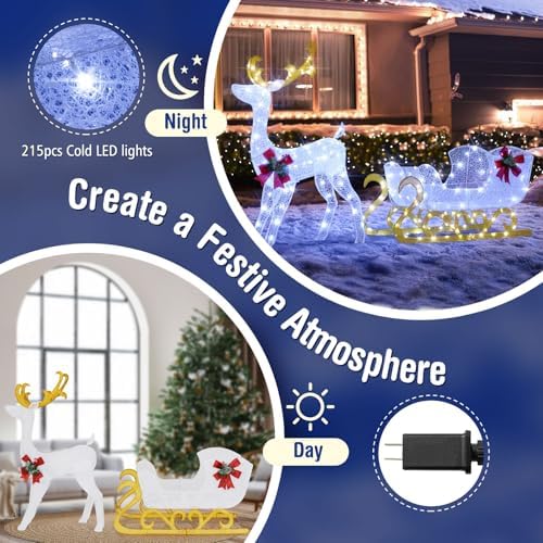 Tangkula 6 FT Christmas Lighted Reindeer & Santa’s Sleigh Set, Cold White
