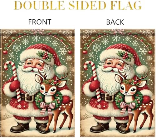 Christmas Garden Flag Santa Claus with Reindeer Flag Holiday Outdoor Yard Decoration 12x18 Inch Double Sided Winter Banner Candy Cane Snowflake Wreath Seasonal Lawn Porch Patio Decor