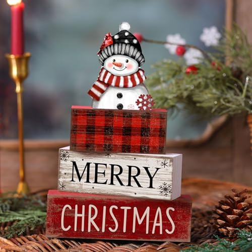 Lineshading 4 Pcs Christmas Table Decoration Wooden Snowman Decor Christmas Tiered Tray Decor Red Buffalo Plaid Block Signs Snowman Table Centerpiece Farmhouse Winter Decoration for Home Kitchen Shelf