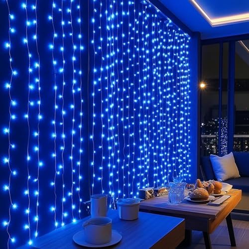 Dazzle Bright 300 LED Curtain String Lights, Christmas Fairy Lights for Bedroom with 8 Lighting Modes, Connectable Waterproof Window Lights Party Wedding Garden Wall Decor, Blue