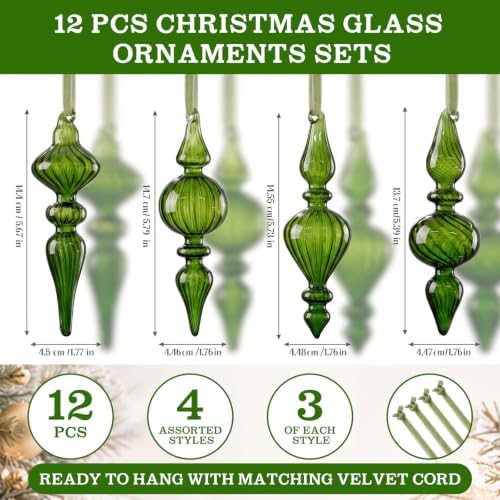 12 Pcs Vintage Glass Finial Christmas Ornaments, Green