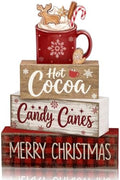 Moucuny 4 Pcs Christmas Table Decorations Wooden Hot Chocolate Cocoa Stacked Wooden Blocks Christmas Tiered Tray Decor with Cocoa Mug, Candy Canes Winter Centerpiece for Home Offiece Coffee Bar