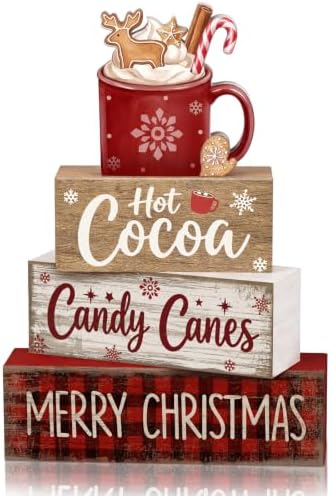 Moucuny 4 Pcs Christmas Table Decorations Wooden Hot Chocolate Cocoa Stacked Wooden Blocks Christmas Tiered Tray Decor with Cocoa Mug, Candy Canes Winter Centerpiece for Home Offiece Coffee Bar
