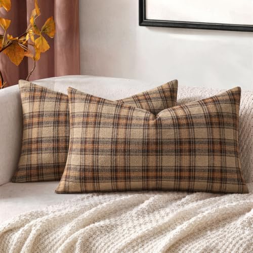 MIULEE Fall Plaid Pillow Covers Scottish Tartan 12x20 Camel Brown
