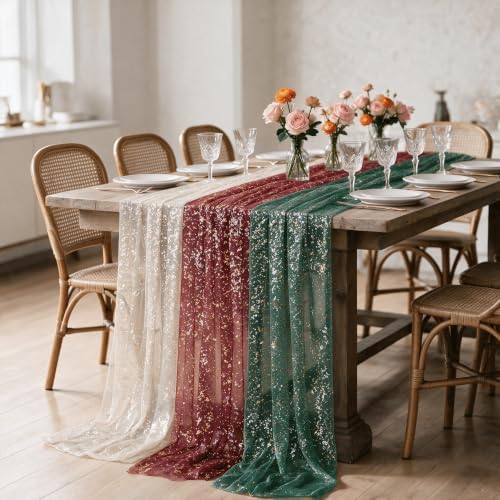 Artoid Mode 3PC Beige Red Green Gauze Table Runner 120 Inch 10FT, Glitter Metallic Foil Sheer for Wedding Anniversary Holiday Birthday Home Party Decor