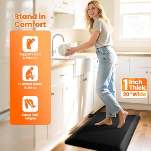 1-Inch Thick Anti-Fatigue Mat for Kitchen and Standing Desk, 20"x24", Black
