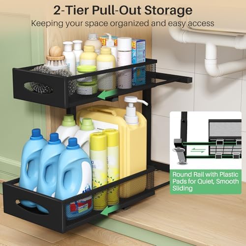 Under Sink Organizer, 2 Pack 2 Tier Pull out Cabinet Organizer Baskets with Mesh Sliding Drawers, Slide out Sink Storage Shelves for Home, Kitchen, Bathroom, Pantry, Office Organizers and Storag,Black