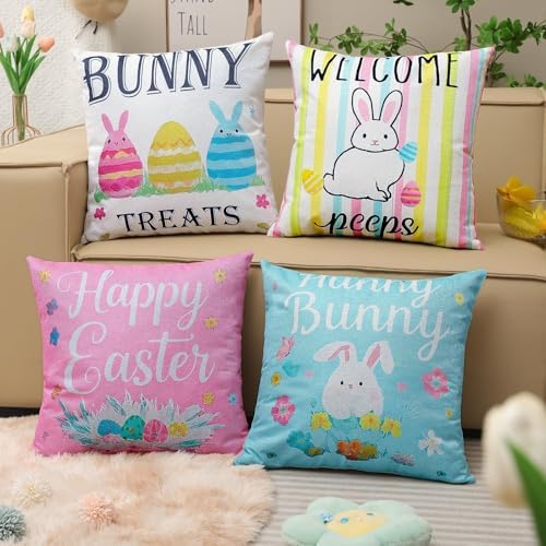 Easter Pillow Covers 20x20 Inch,Easter Decorations for Home,Set of 4 Happy Easter Hunny Bunny Pink Blue Decorative Throw Pillow Covers Spring Farmhouse Decor