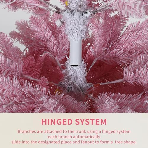 GarveeHome 6 ft Prelit Artificial Christmas Tree with RGB & Warm White Lights, Pre-Lit Snow Flocked Pencil Christmas Tree, Foldable Base,Holiday Decoration for Home, Office, Party,Pink Gradient