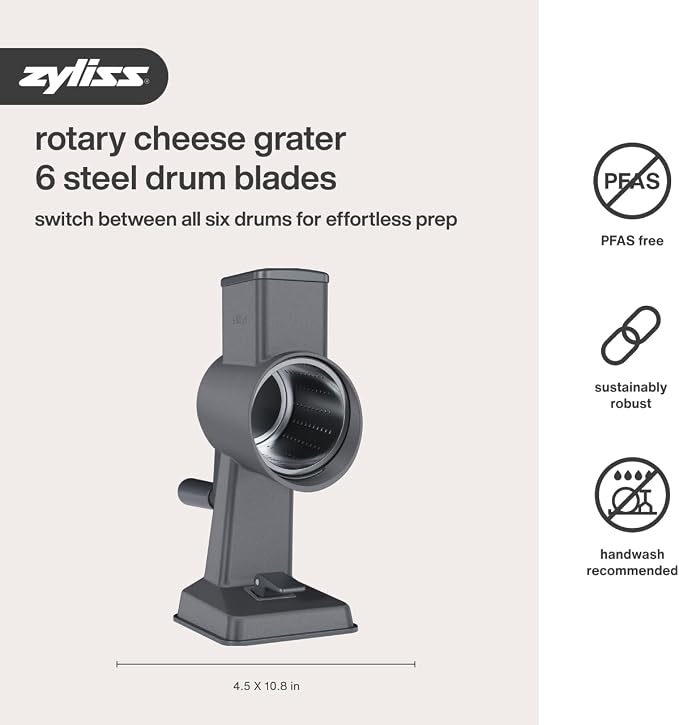 Zyliss Rotary Grater - Includes Universal, Gourmet, Puree & Julienne Drums for Grating Cheese, Vegetables, Chocolates & Nuts - Includes Non-Slip Suction Foot & Table Clamp - 6 Steel Drums