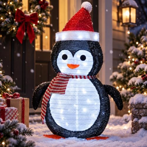 27.5-Inch Lighted Christmas Penguin for Outdoor Christmas Decorations, Pop-Up Penguin Yard Decor with 45 Cool White LEDs, Battery-Operated Timer, Collapsible Metal Frame for Porch and Lawn
