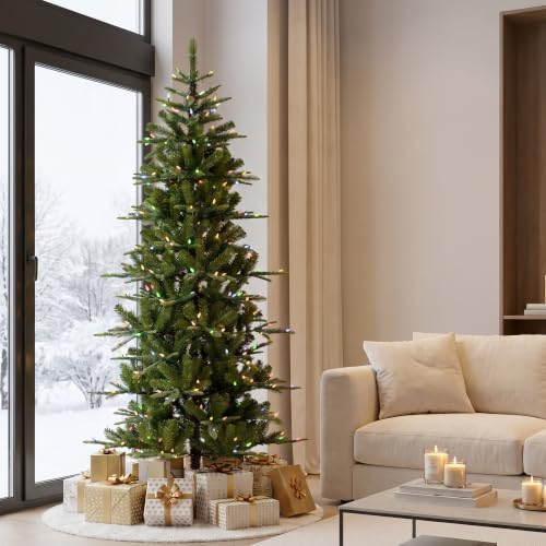 Glitzhome 6.5ft Prelit Christmas Tree, Cascade Evergreen Slim Fir Artificial Christmas Tree with 250 Strawberry Lights,734 PE&PVC Branch Tips, 9 Functional Warm White/Multi-Color, Remote Controller