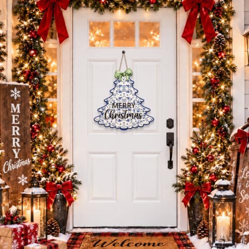 Chinoiserie Christmas Decorations Blue Floral Christmas Tree Wooden Sign