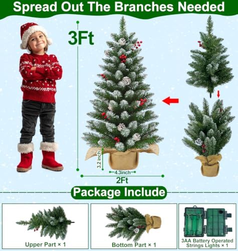 Timer - 3FT Artificial Mini Christmas Tree, Snowy Tabletop Christmas Tree
