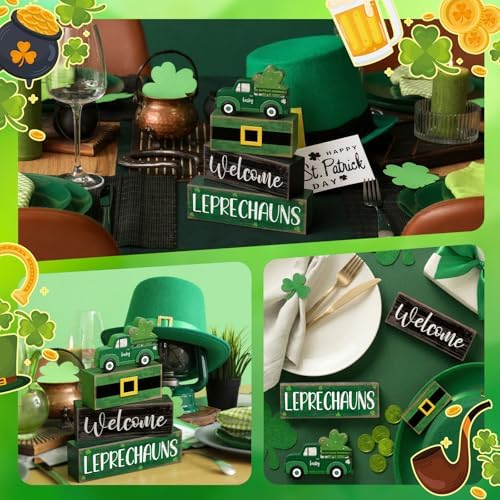 Lineshading 4 Pcs Wooden Leprechaun Block Signs Tiered Tray Decor
