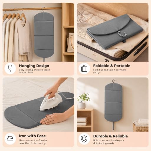 Foldable Hanging Ironing Board with Hook, 36x16 in, Gray | Wrinkle-Free Anywhere — Foldable Heat-Resistant Steamer Pad with Hook, 36x16", Portable for Home & Travel