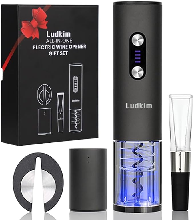 Electric Wine Opener Set, Rechargeable 4-in-1 Corkscrew Luxury Gift Box with Charging Vacuum Stopper, Aerator Pourer & Foil Cutter,Cordless Metal Automatic Bottle Opener Kit for Men & Women