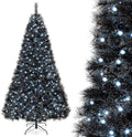 HAPPYGRILL 8 FT Pre-lit Black Christmas Tree, Artificial Halloween Tree w/860 Branch Tips, Frosted Pine Needles, 450 White LED Lights, Folding Metal Stand & Gloves, Hinged Xmas Tree for Carnival