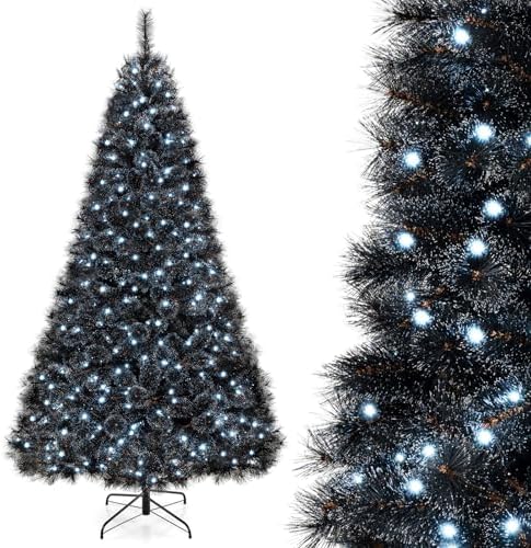 HAPPYGRILL 8 FT Pre-lit Black Christmas Tree, Artificial Halloween Tree w/860 Branch Tips, Frosted Pine Needles, 450 White LED Lights, Folding Metal Stand & Gloves, Hinged Xmas Tree for Carnival