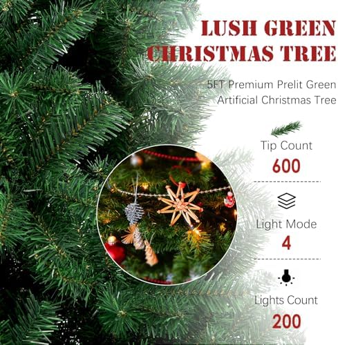 5FT Pre-Lit Green Small Christmas Tree 600 PVC Branch 200 Warm Lights