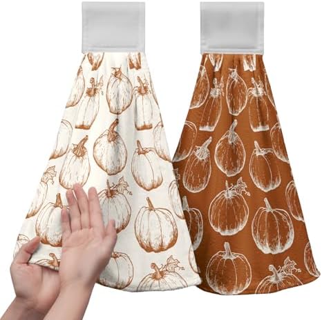2 Pcs Fall Pumpkin Hanging Kitchen Towels Autumn Thanksgiving Hand Towels with Hanging Loop Burnt Orange White Pumpkins Dish Towels Soft Absorbent Bath Tie Towel for Bathroom Decor