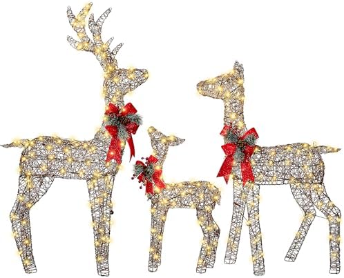 3D Large Pre-Lit Christmas Deer Family Set with Timer&Remote Control-Rattan