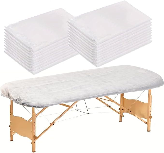 50PCS Disposable Fitted Massage Table Sheets with Elastic, Heavy Duty Elastic Disposable Bed Cover, Breathable White Sheets for Spa Massage Beauty Tattoos Non Woven Fabric 36 x 85 in