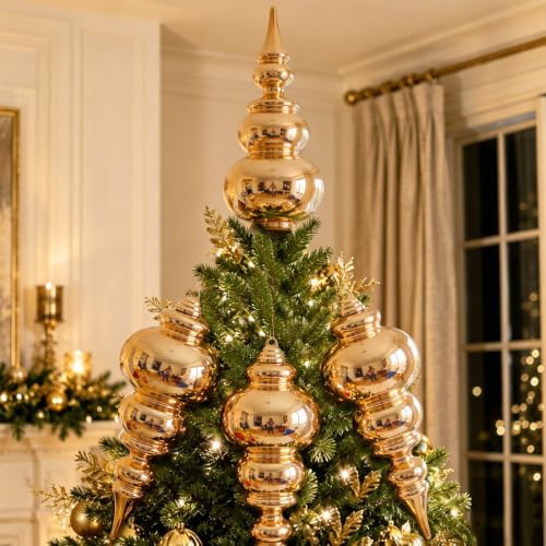 Soulchen 4 Pcs 12" Large Christmas Finial Drop Ornaments, Shiny, Gold