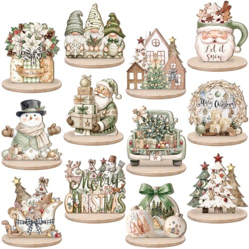 Leinuosen 12 Pcs Christmas Table Decoration Neutral Christmas Tiered Tray Decor Wooden Santa Claus Table Centerpiece Snowman Gnomes Wreath Farmhouse Xmas Decor for Home Kitchen Coffee Bar Shelf Indoor