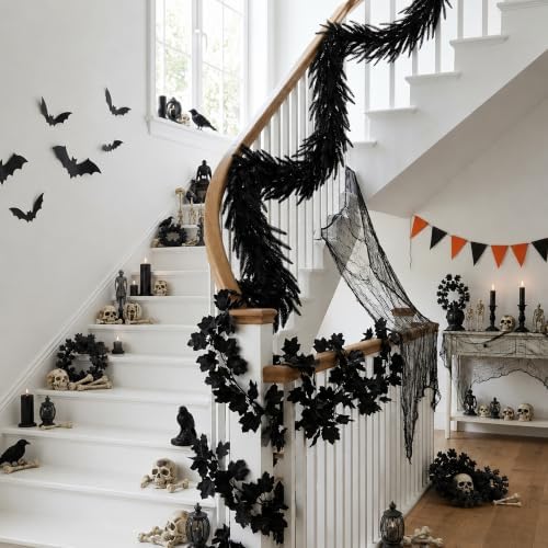 2 Pcs Black Norfolk Pine Maple Leaf Garland, Spooky Halloween Garland Set