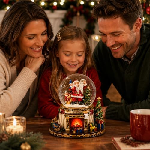 Christmas Snow Globe with Music, Santa Claus Musical Snow Globe with Automatic Snowfall, Lighted Fireplace & 8 Christmas Songs, Large Christmas Decorations Indoor for Mantel Tabletop Holiday Decor