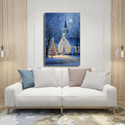 JDBeehpy Night White Church Xmas Tree Canvas Wall Art Unframed 12x18inch