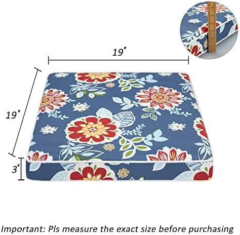 JMGBird Outdoor Chair Cushions Set of 4 - Waterproof Patio Seat Cushions 19x19 Inch with Ties, Blue Flower Floral Pattern High Density Foam Square Cushions for Garden Furniture
