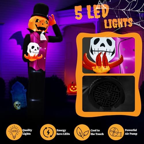 Outvita Halloween Inflatables Giant Pumpkin Vampire 12FT Holding Skull, Giant Blow Up Outdoor Decoration with LEDs, Large Halloween Decor for Yard, Party, Garden, Party, Garden