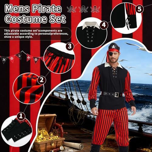 Men’s Pirate Costume Set, 8-Piece Renaissance Medieval Outfit Accessories