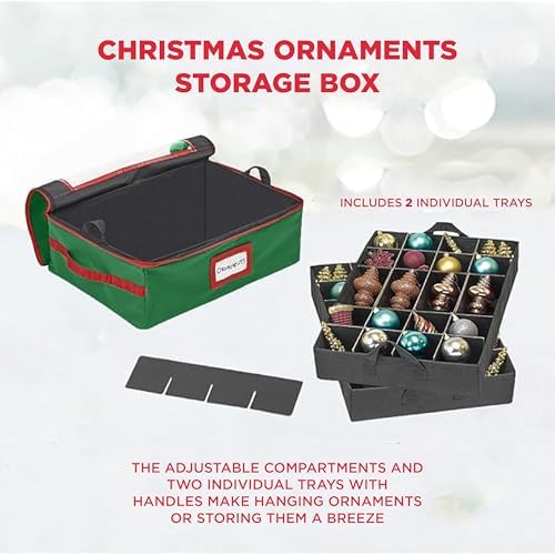HOLDN’ STORAGE Christmas Ornament Storage Box with Dividers - Fits 48-3” Ornaments, 2 Removable Trays, Durable & Space-Saving, Clear Top Lid, Fits Underbed, Green