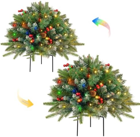 Christmas Tree Urn Filler, Battery Operated with Timer, Pre-lit Warm White & Multi-Color Changing LED Lights, Artificial Xmas Tree for Porch, Pathway, Yard, Outdoor Holiday Decoration (2, with Snow)