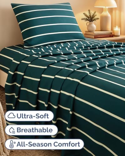 Christmas Sheet Set, Pine Stripe, Holiday Xmas Bedding Set - Twin XL Size
