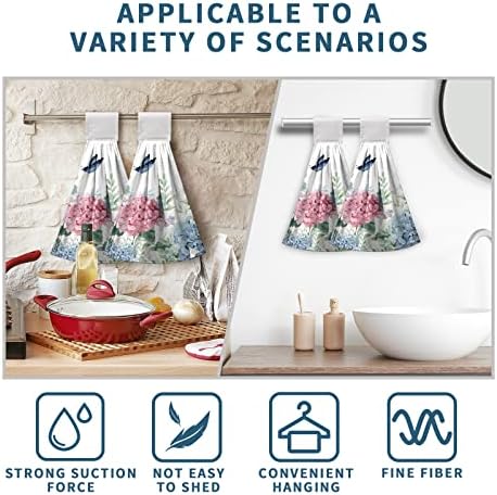 Blue Hydrangea Hanging Hand Towels Set of 2 Watercolor Summer Pink Flower Butterfly Kitchen Towels with Hanging Loop Green Leaf Dish Cloth Towels Soft Absorbent Fingertip Bath Tie Towels for Bathroom